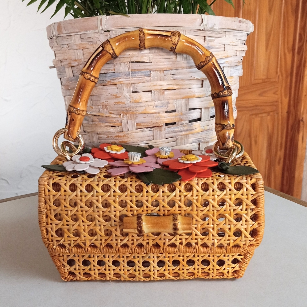 Woven Rattan Floral Satchel Handbag in Natural Tan